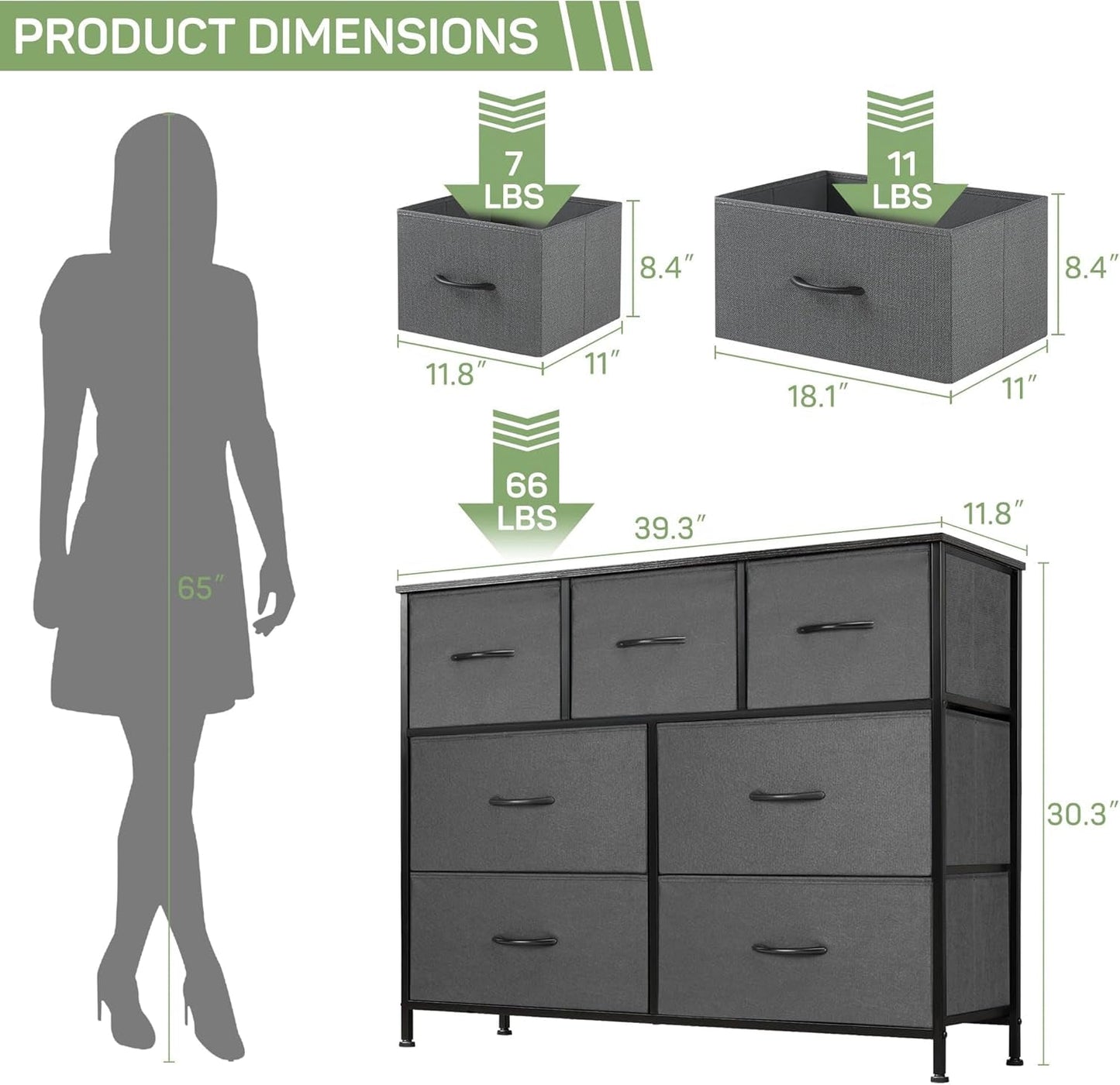 Dresser for Bedroom, 7 Storage Drawers, Anti-Tip Wide Fabric Closet
