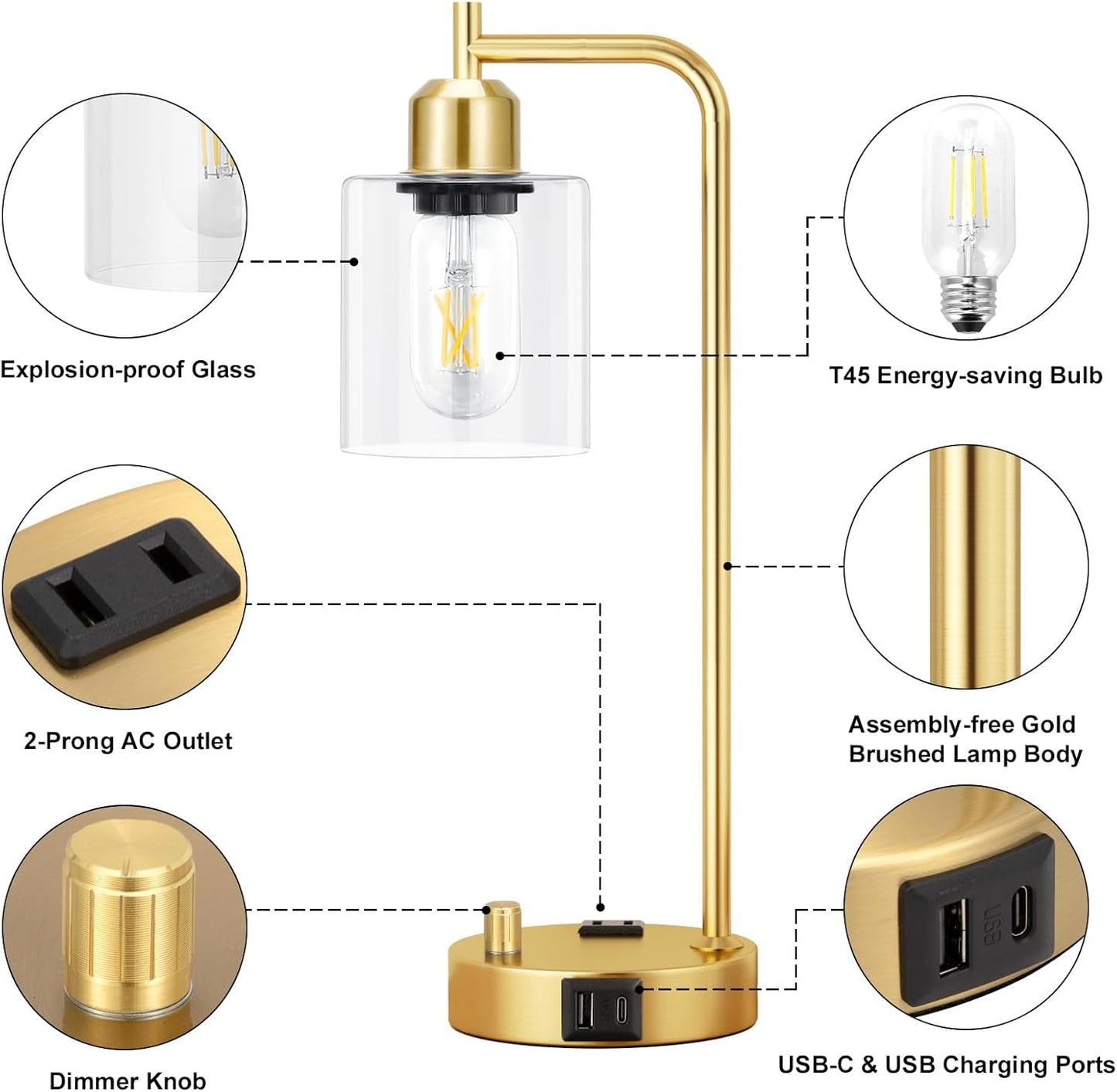 Industrial Table Lamps for Bedroom Set of 2 - Fully Dimmable Bedside