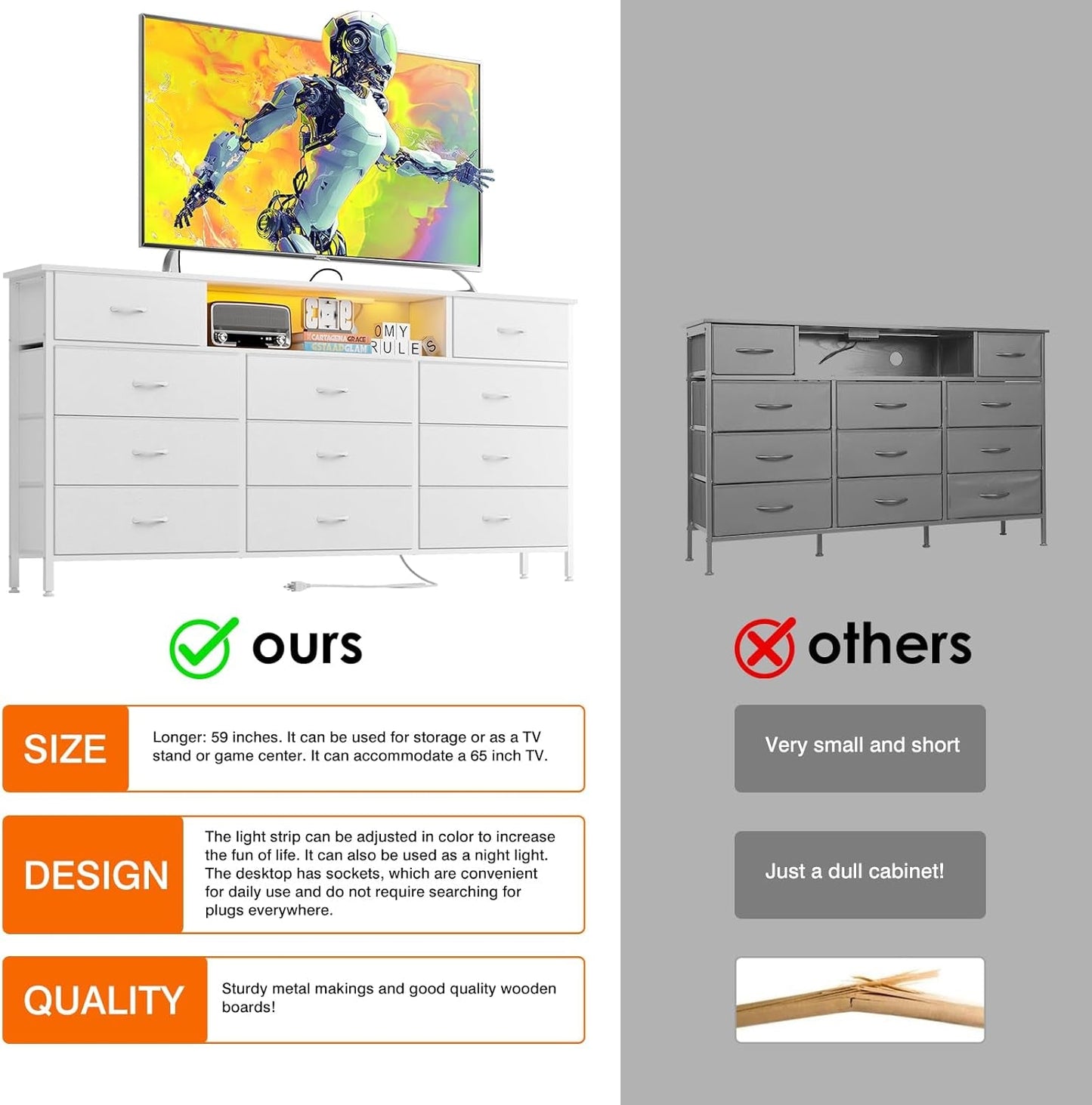 Long Dresser for Bedroom with Charging Station and LED Lights, White