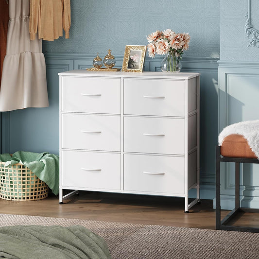 White Dresser for Bedroom, 6 Drawer Double Dresser, Fabric Storage