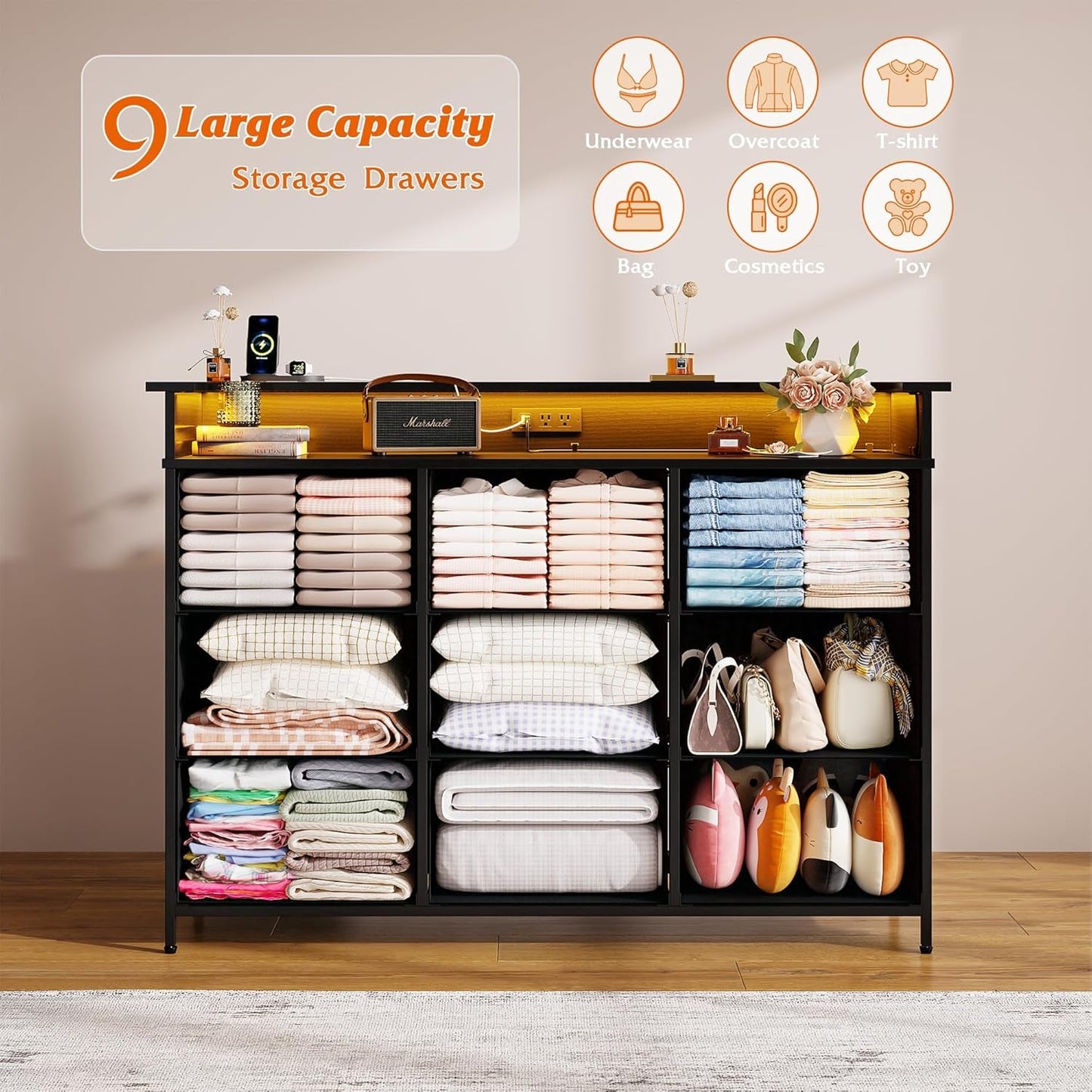 9 Drawer Dresser for Bedroom, TV Stand for Bedroom, Black Dresser with