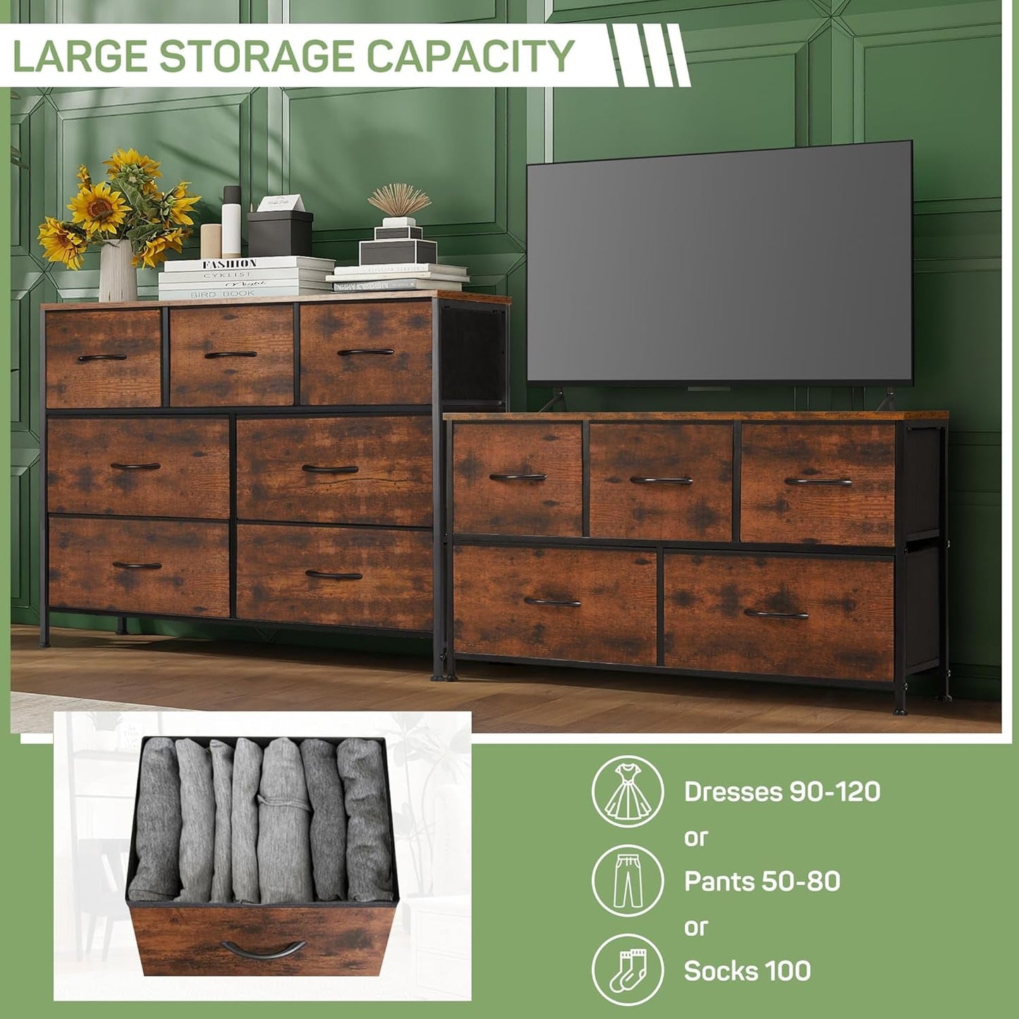 Dresser for Bedroom, 7 Storage Drawers, Anti-Tip Wide Fabric Closet