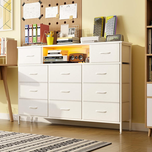 Long Dresser for Bedroom with Charging Station and LED Lights, White