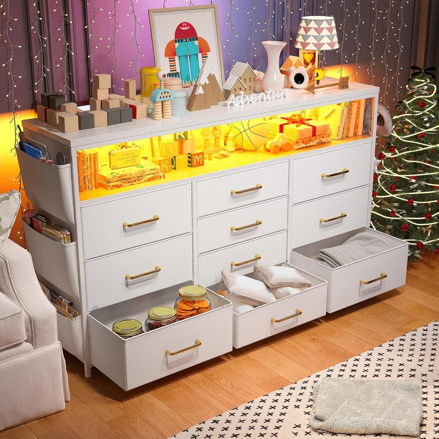 Dresser TV Stand with 10 Drawers for 55" TV Stand for Bedroom with LED