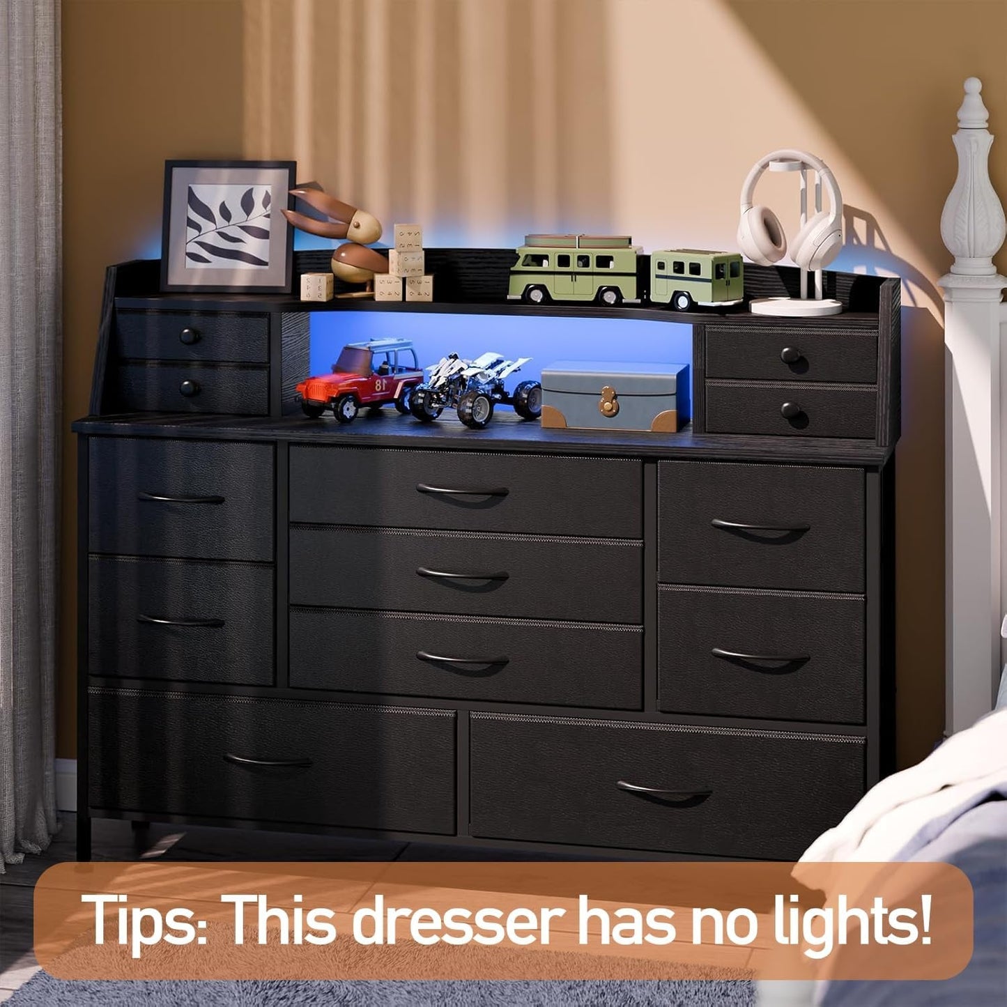 Black Nursery Dresser for Bedroom with 13 Drawers, Fabric Chest of