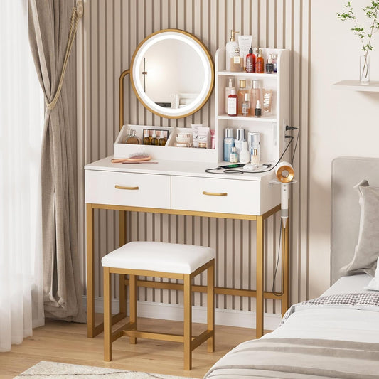 White Vanity Round Mirror, Lights, Charging, Small Bedroom