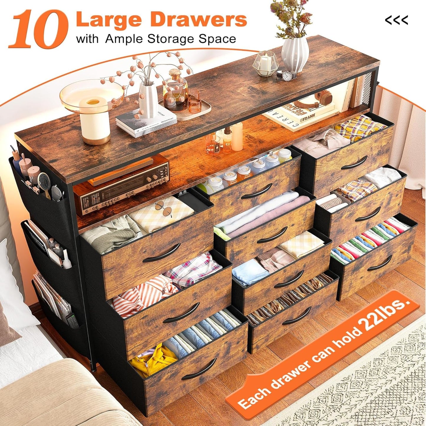 Dresser TV Stand with 10 Drawers for 55" TV Stand for Bedroom with LED
