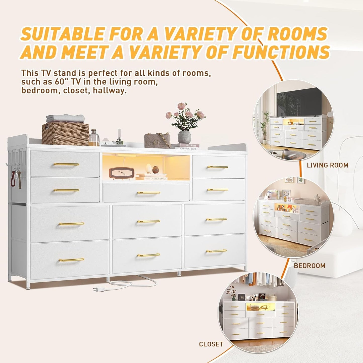 Dresser for Bedroom with 11 Drawers for 60" TV Stand for Bedroom with