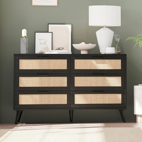 6 Drawer Double Dresser for Bedroom, Rattan Chest of Dressers, Modern