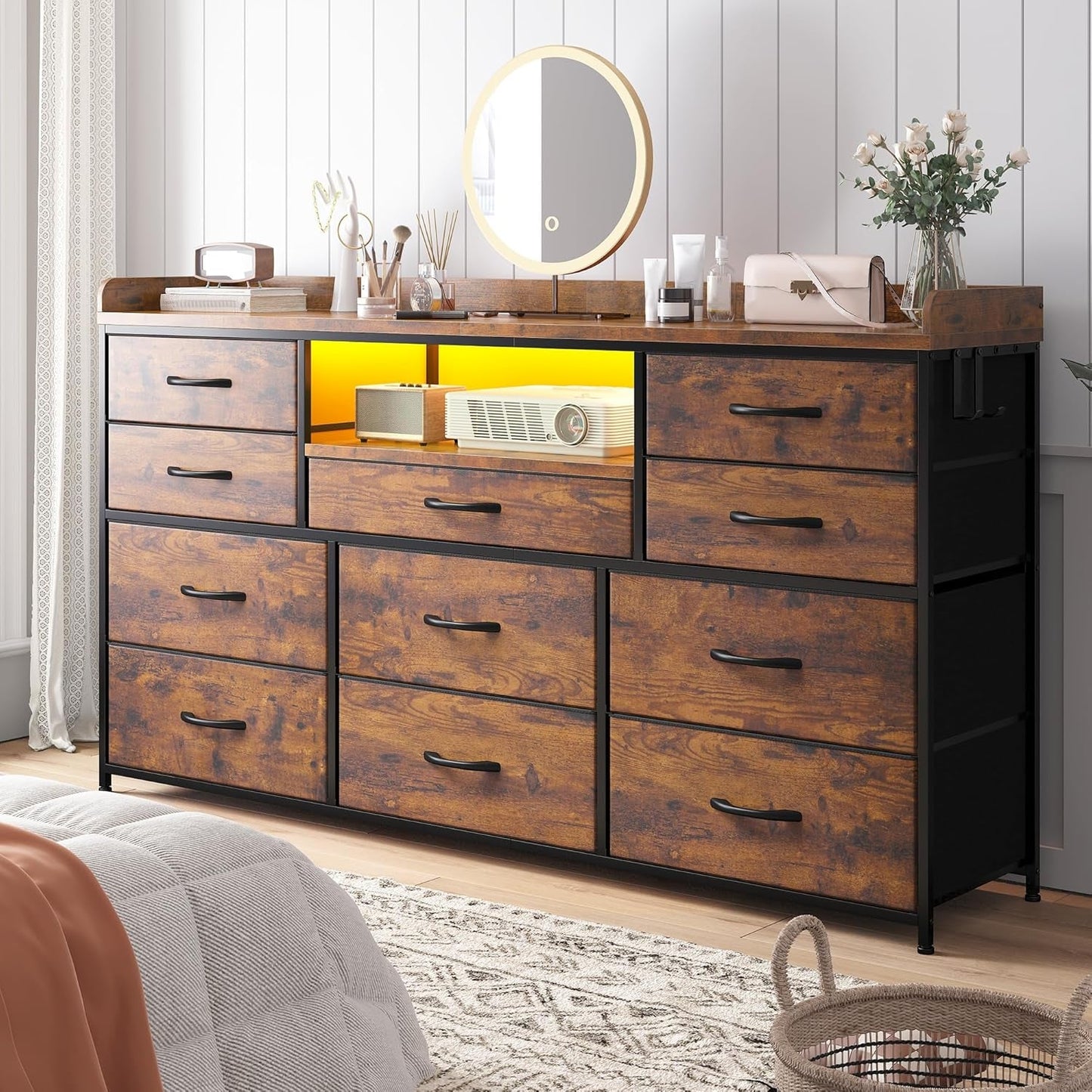 Dresser TV Stand with 11 Drawers for 60" TV Stand for Bedroom with LED
