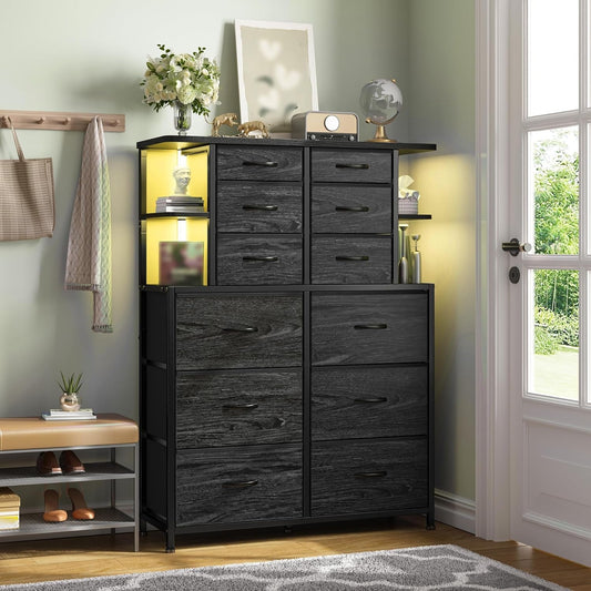 12 Drawer Dresser with LED Lights Bedroom Black