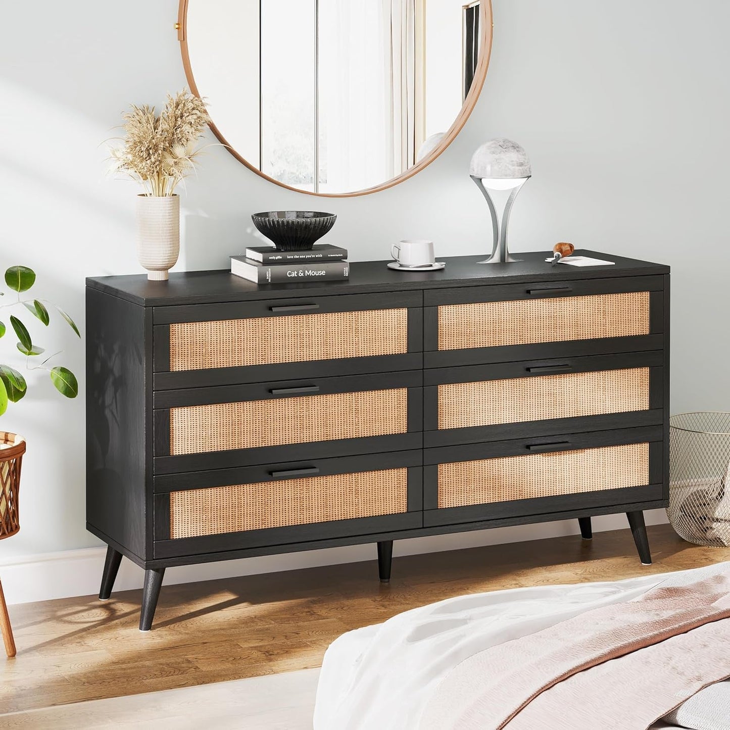6 Drawer Double Dresser for Bedroom, Rattan Chest of Dressers, Modern