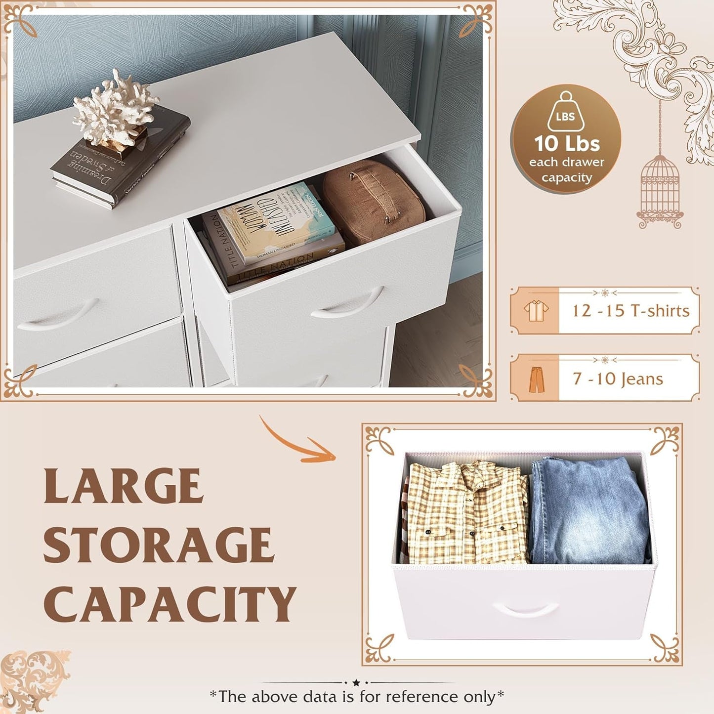 White Dresser for Bedroom, 6 Drawer Double Dresser, Fabric Storage