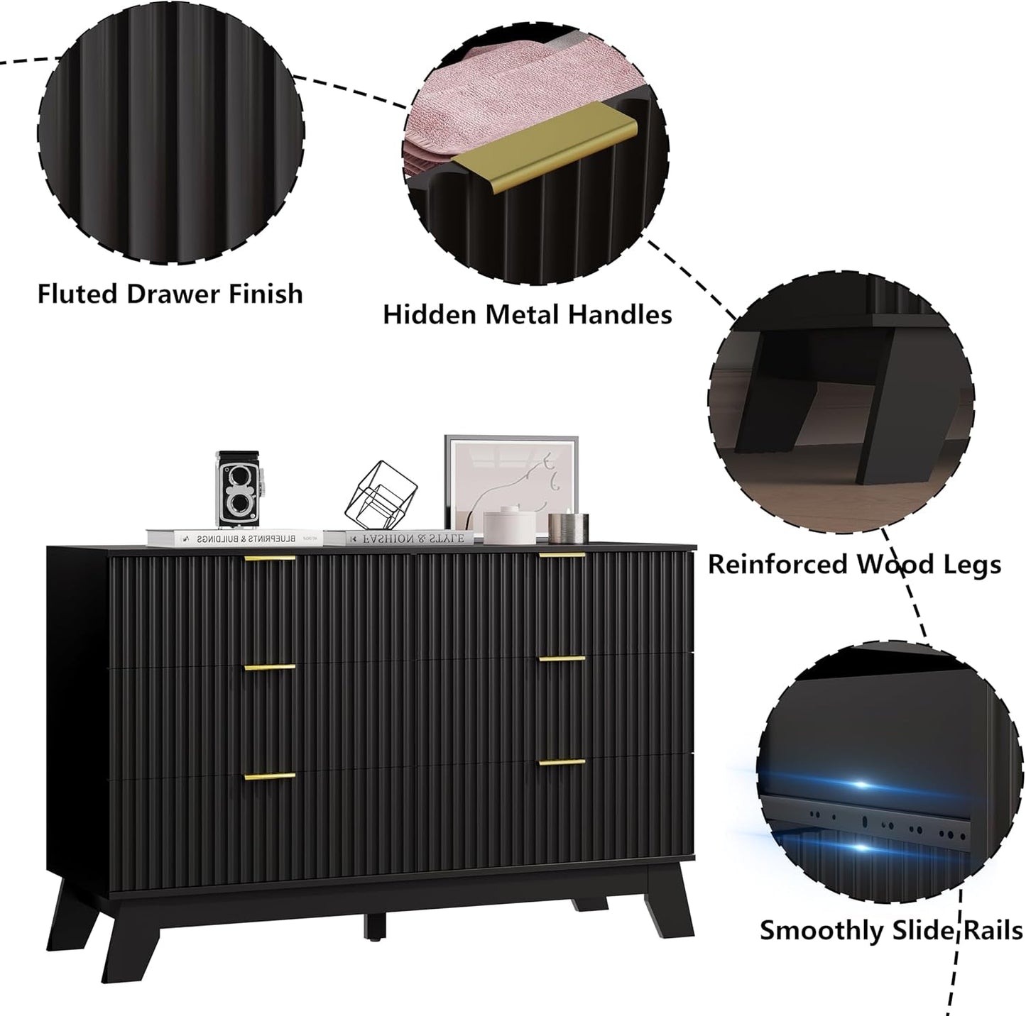 6 Drawers Dresser for Bedroom, Fluted Dresser Chest of Drawers with