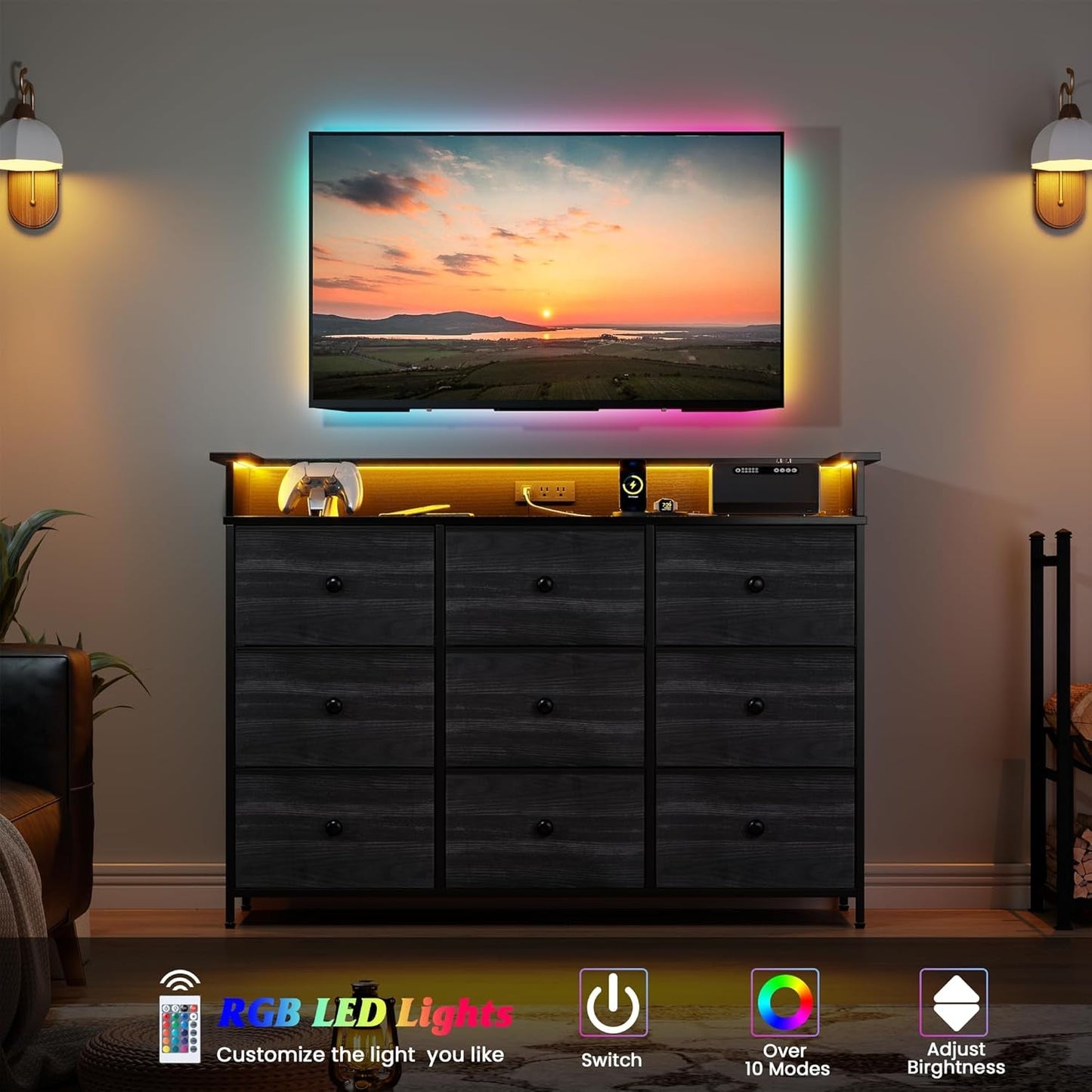 9 Drawer Dresser for Bedroom, TV Stand for Bedroom, Black Dresser with