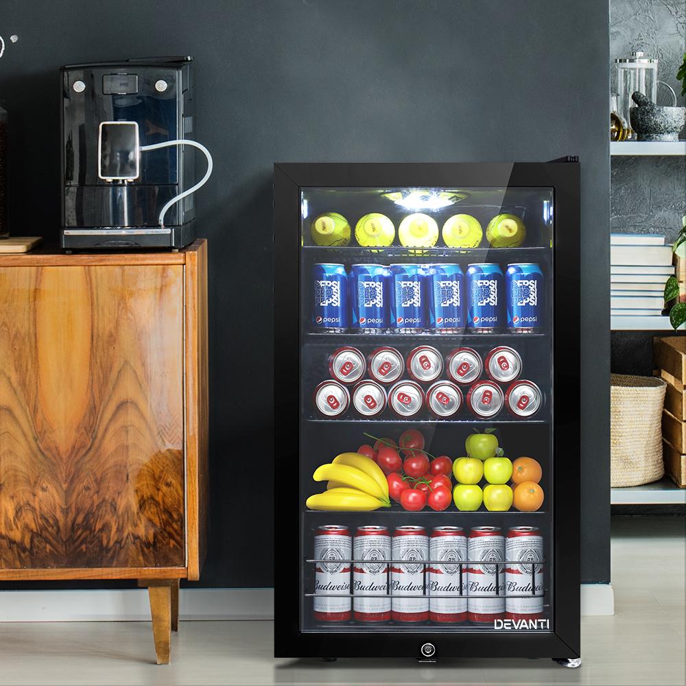 Devanti 115L Bar Fridge Glass Door w/Light Black