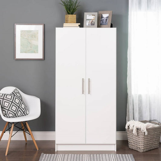 Bedroom Armoire Wardrobe Cabinet with Hanging Rail in White Wood
