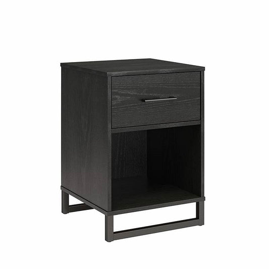 Modern 1-Drawer Bedroom Nightstand in Rustic Black Wood Finish with