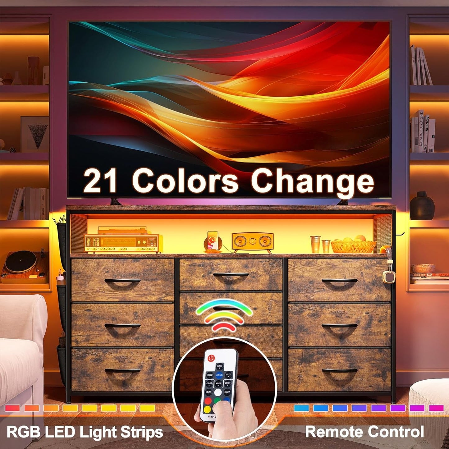 Dresser TV Stand with 10 Drawers for 55" TV Stand for Bedroom with LED