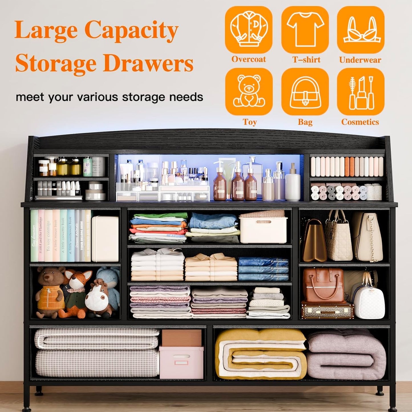 Black Nursery Dresser for Bedroom with 13 Drawers, Fabric Chest of