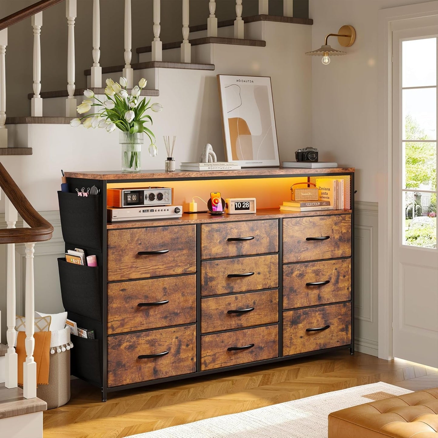 Dresser for Bedroom with 10 Fabric Drawers, Dresser with LED Lights &