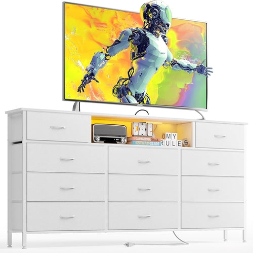 Long Dresser for Bedroom with Charging Station and LED Lights, White