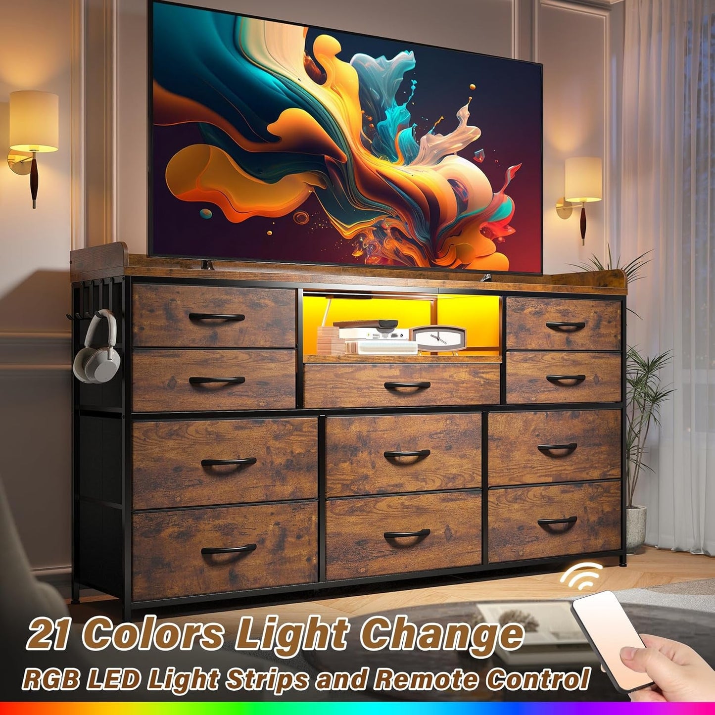 Dresser TV Stand with 11 Drawers for 60" TV Stand for Bedroom with LED