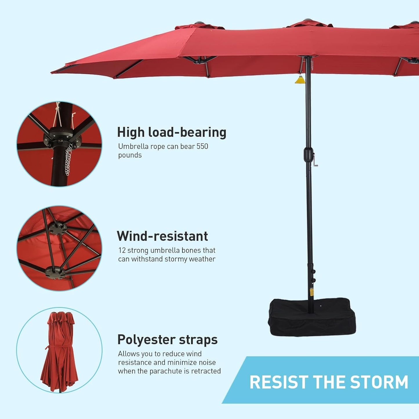 15ft Double Sided Patio Umbrella with Base Red