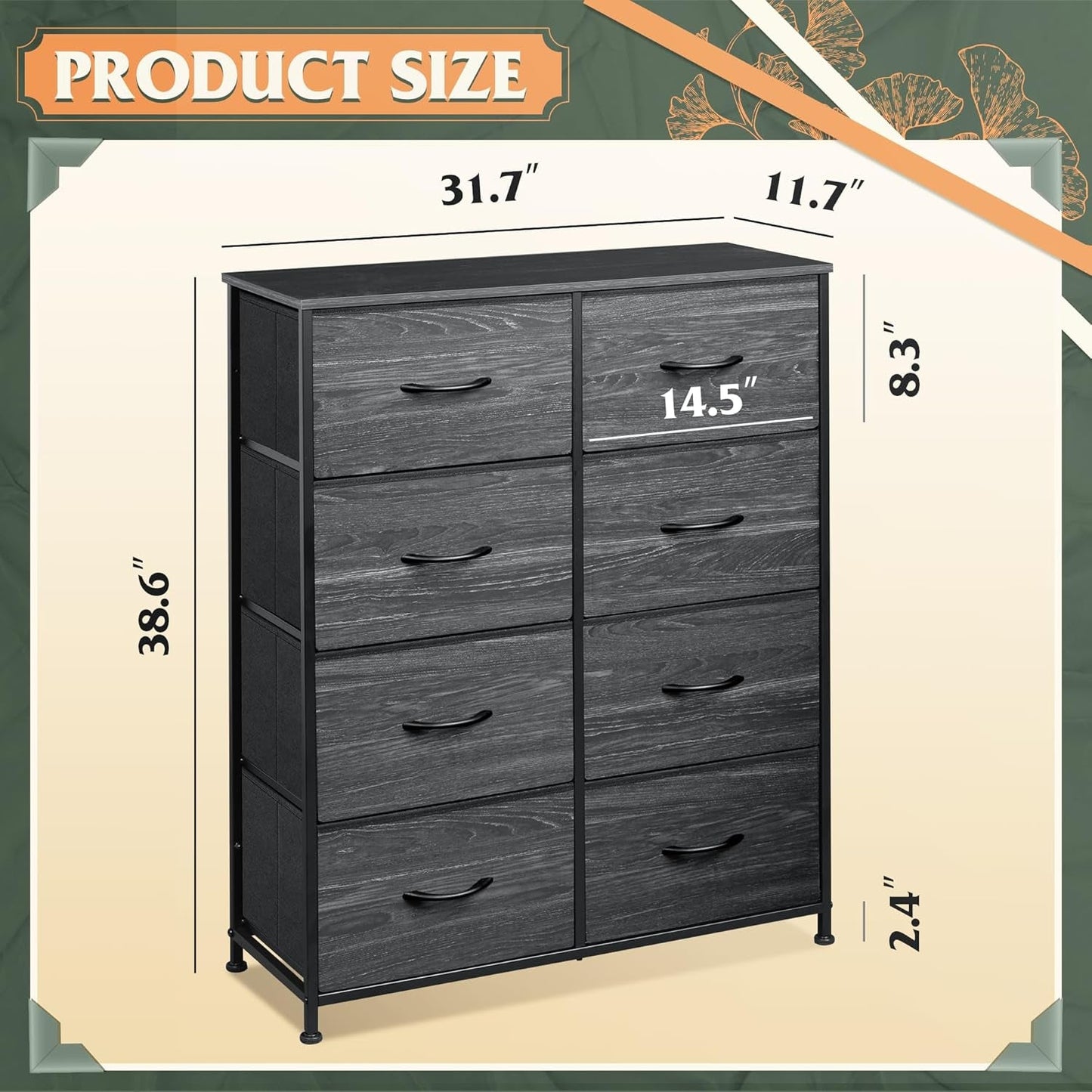 Tall Fabric Dresser for Bedroom with 8 Drawers, Storage Tower with