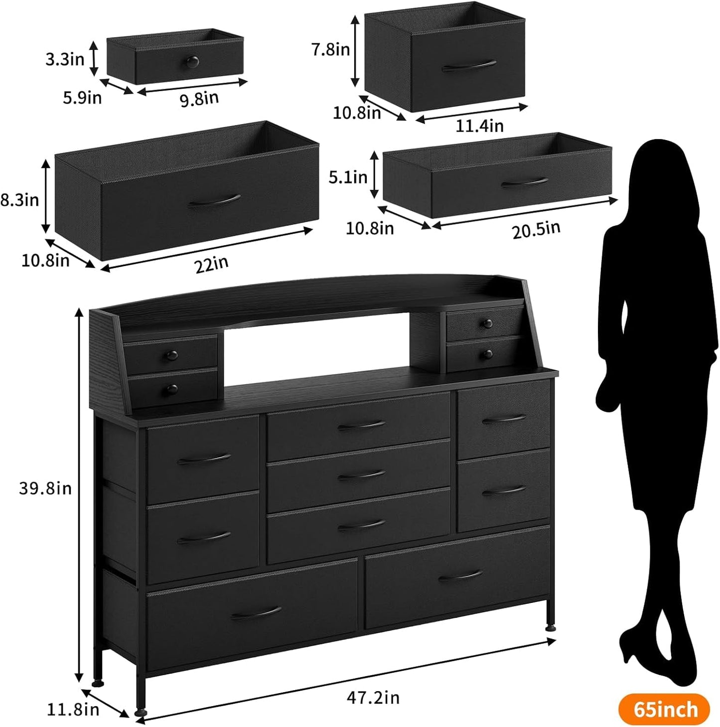 Black Nursery Dresser for Bedroom with 13 Drawers, Fabric Chest of