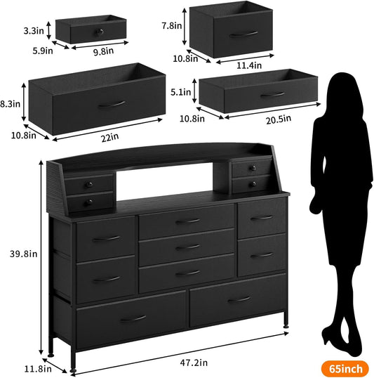 Black Nursery Dresser for Bedroom with 13 Drawers, Fabric Chest of