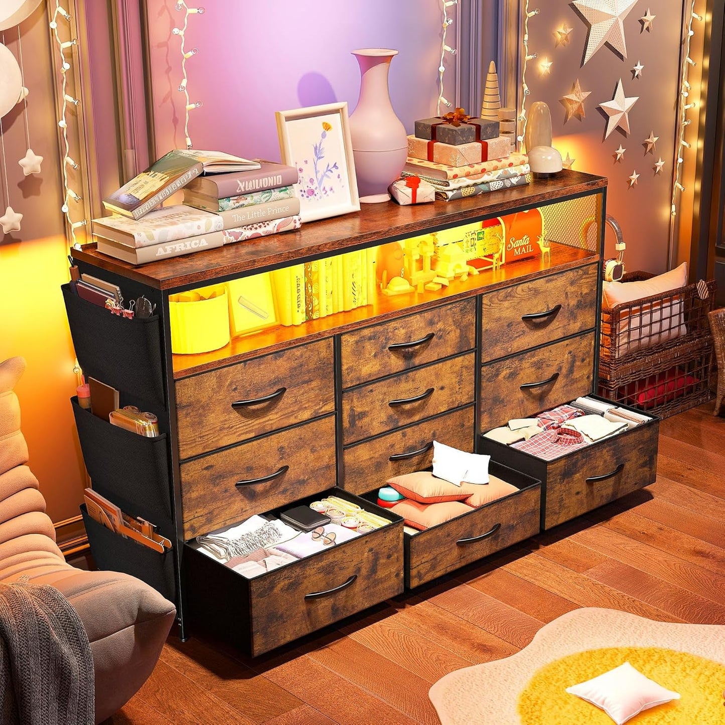 Dresser TV Stand with 10 Drawers for 55" TV Stand for Bedroom with LED