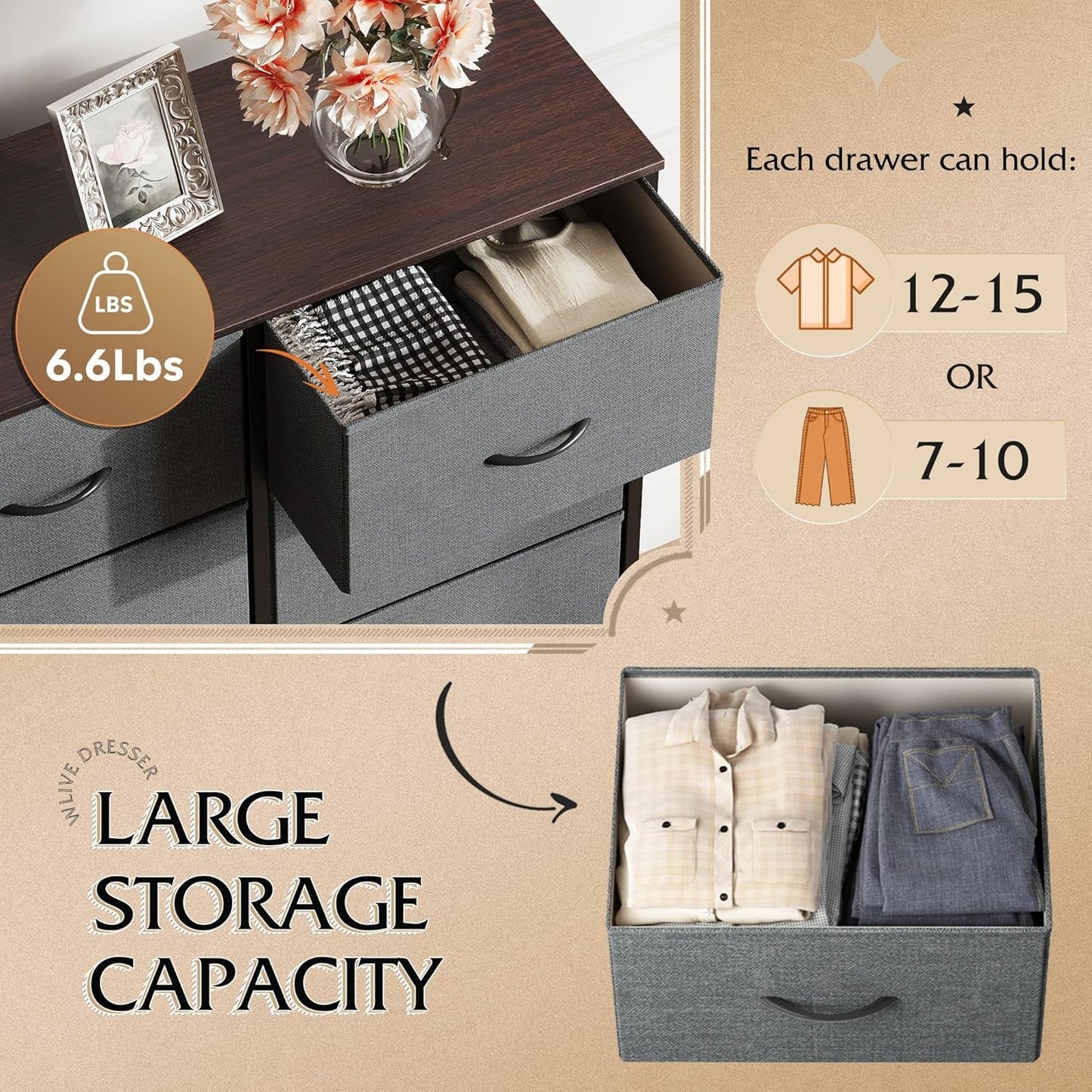 Tall Dresser for Bedroom with 10 Fabric Drawers, Organizer Units for