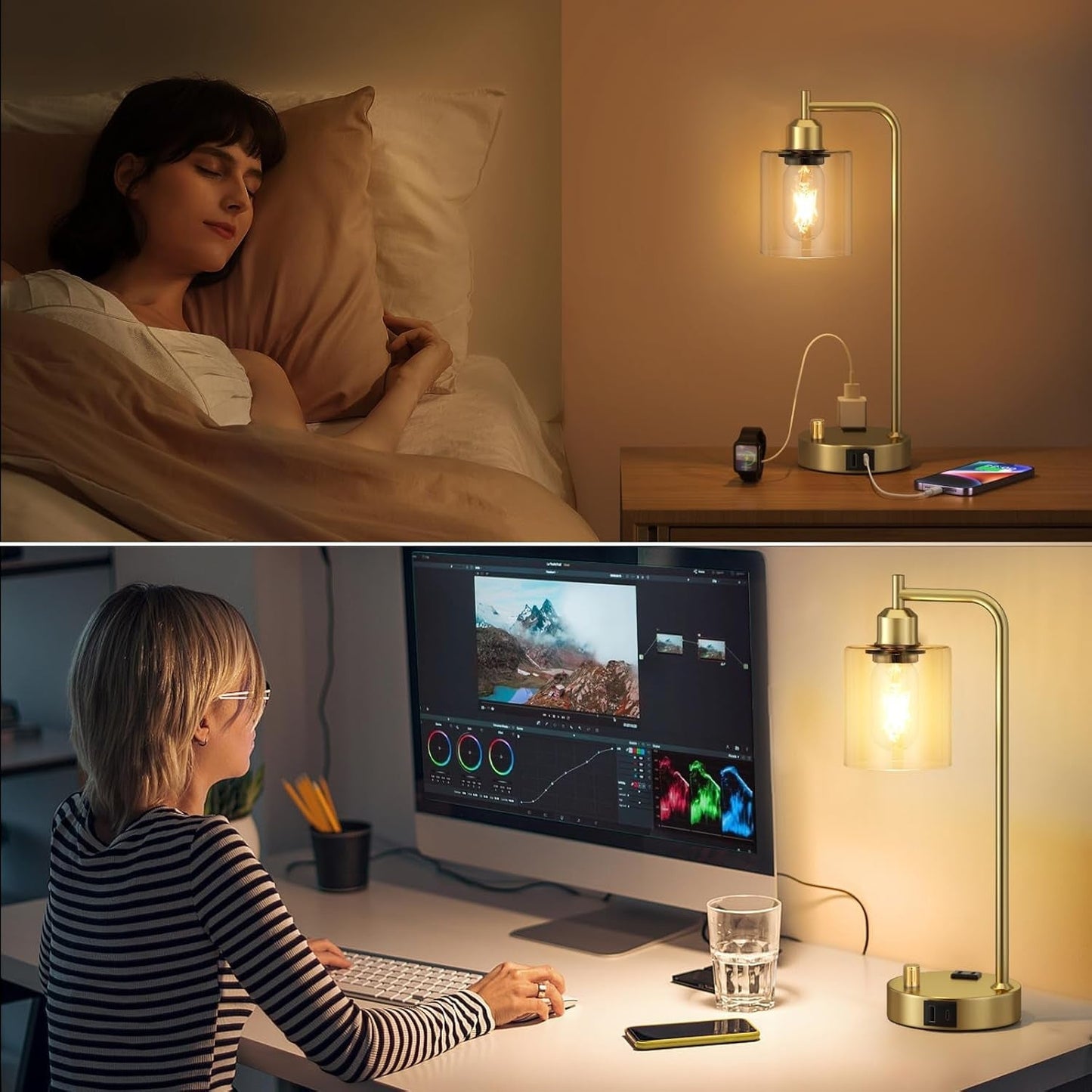 Industrial Table Lamps for Bedroom Set of 2 - Fully Dimmable Bedside