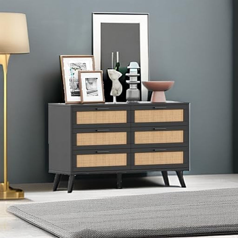 6 Drawer Double Dresser for Bedroom, Rattan Chest of Dressers, Modern