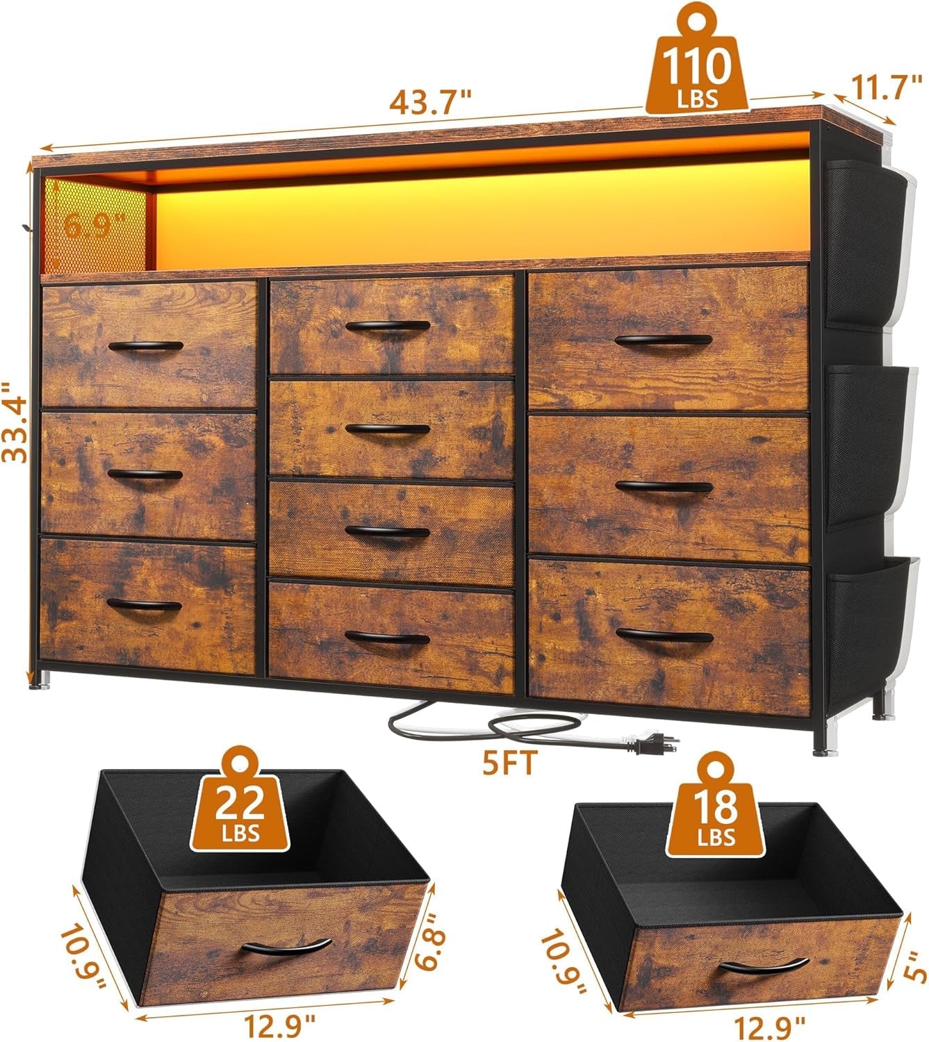 Dresser for Bedroom with 10 Fabric Drawers, Dresser with LED Lights &