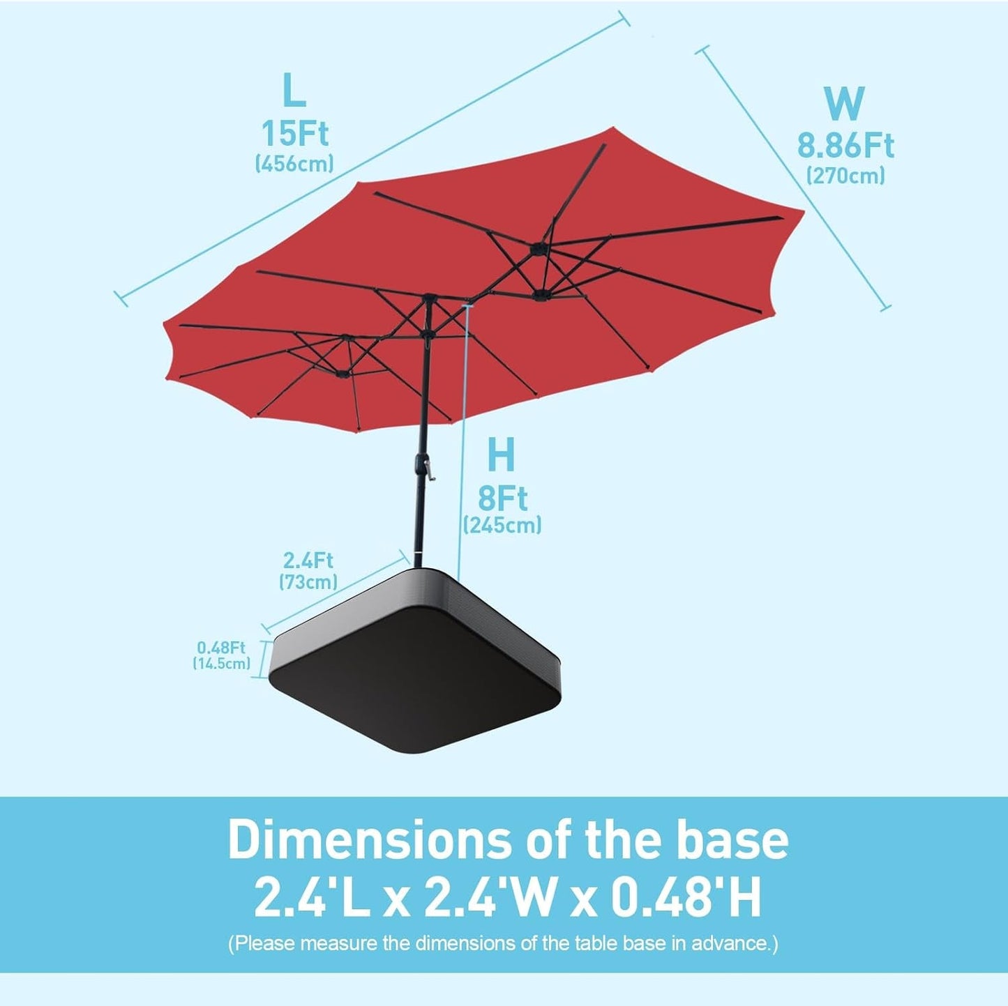15ft Double Sided Patio Umbrella with Base Red