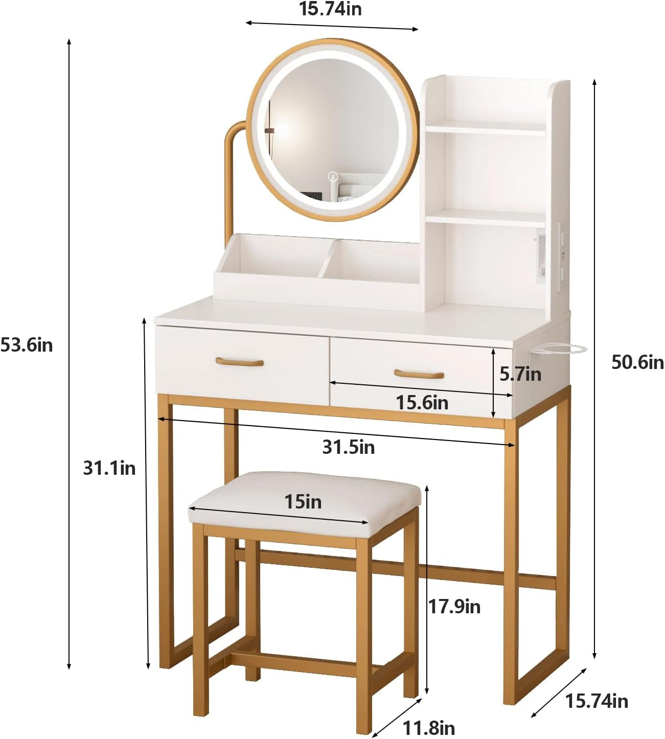 White Vanity Round Mirror, Lights, Charging, Small Bedroom