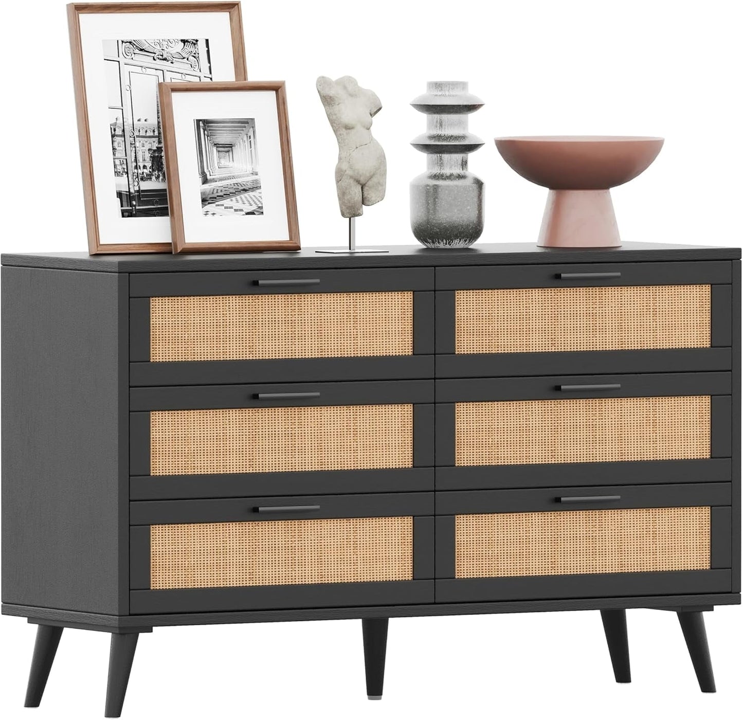 6 Drawer Double Dresser for Bedroom, Rattan Chest of Dressers, Modern