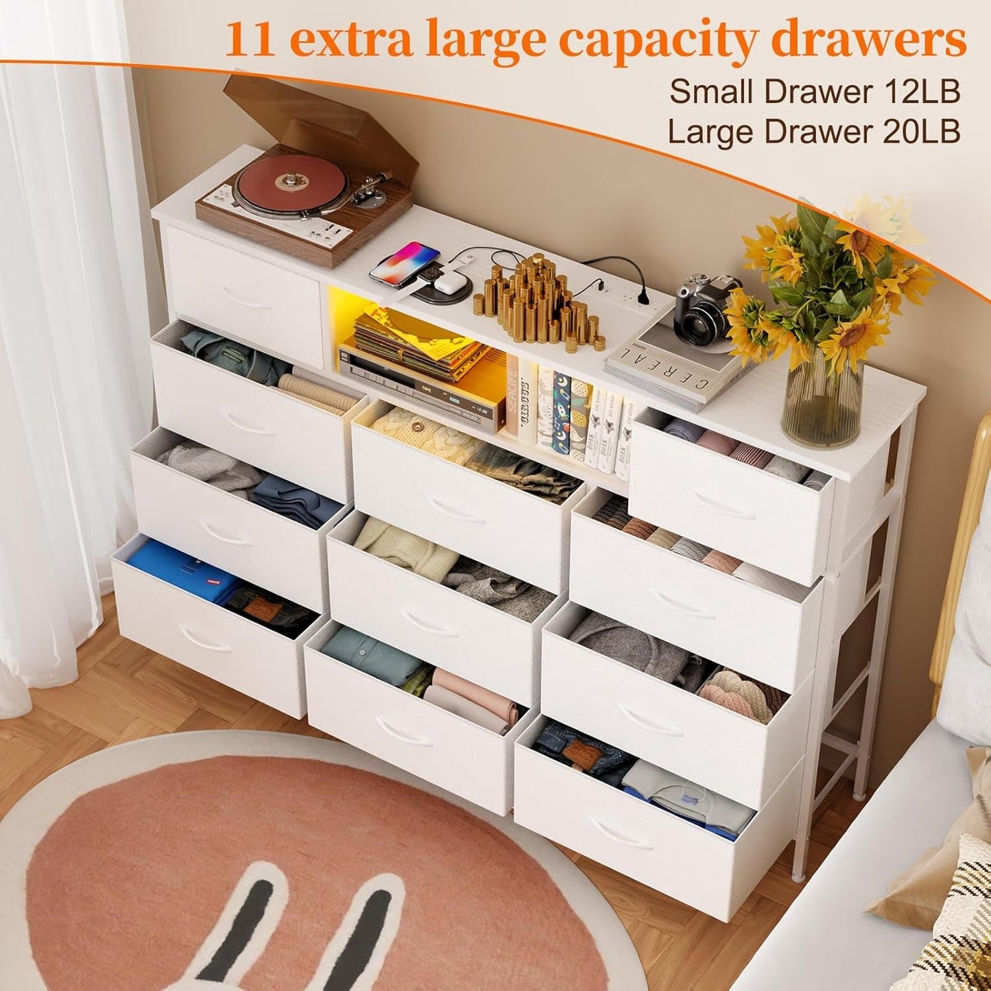Long Dresser for Bedroom with Charging Station and LED Lights, White