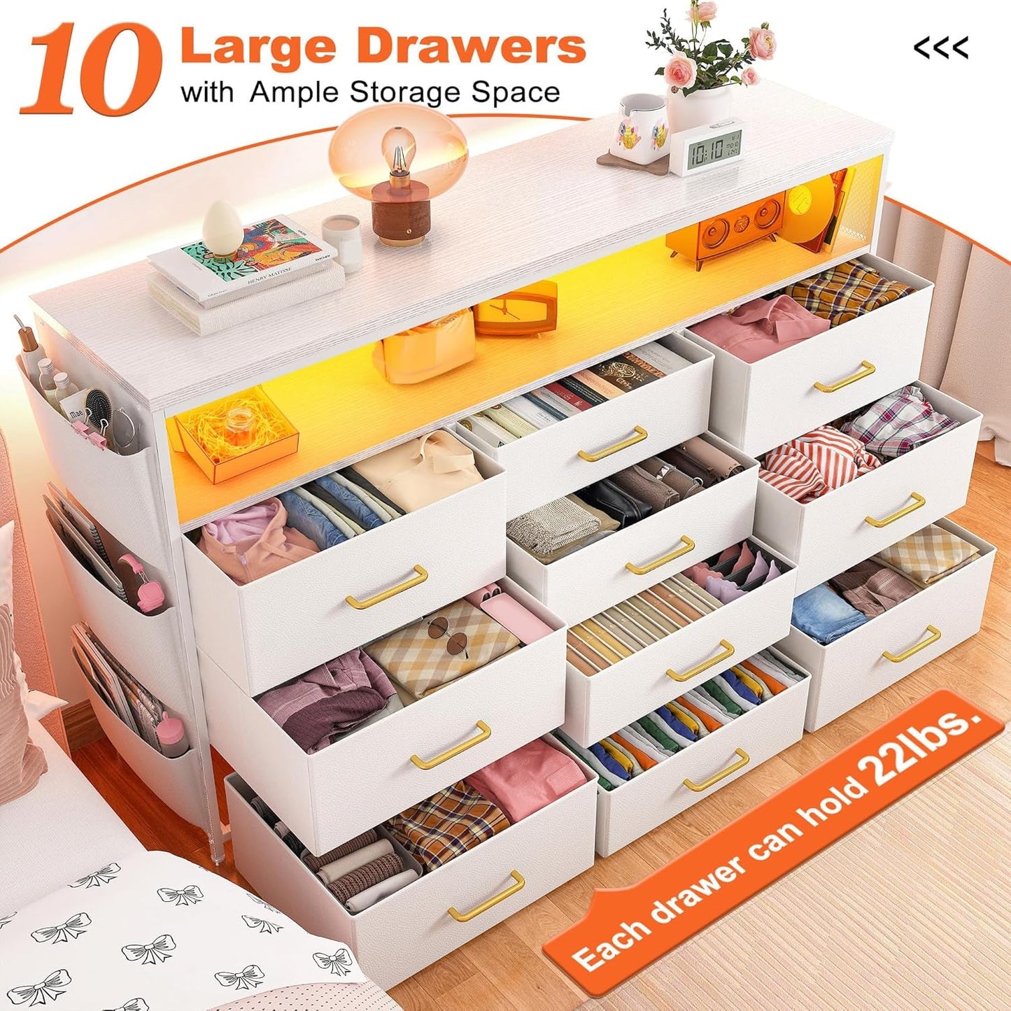 Dresser TV Stand with 10 Drawers for 55" TV Stand for Bedroom with LED
