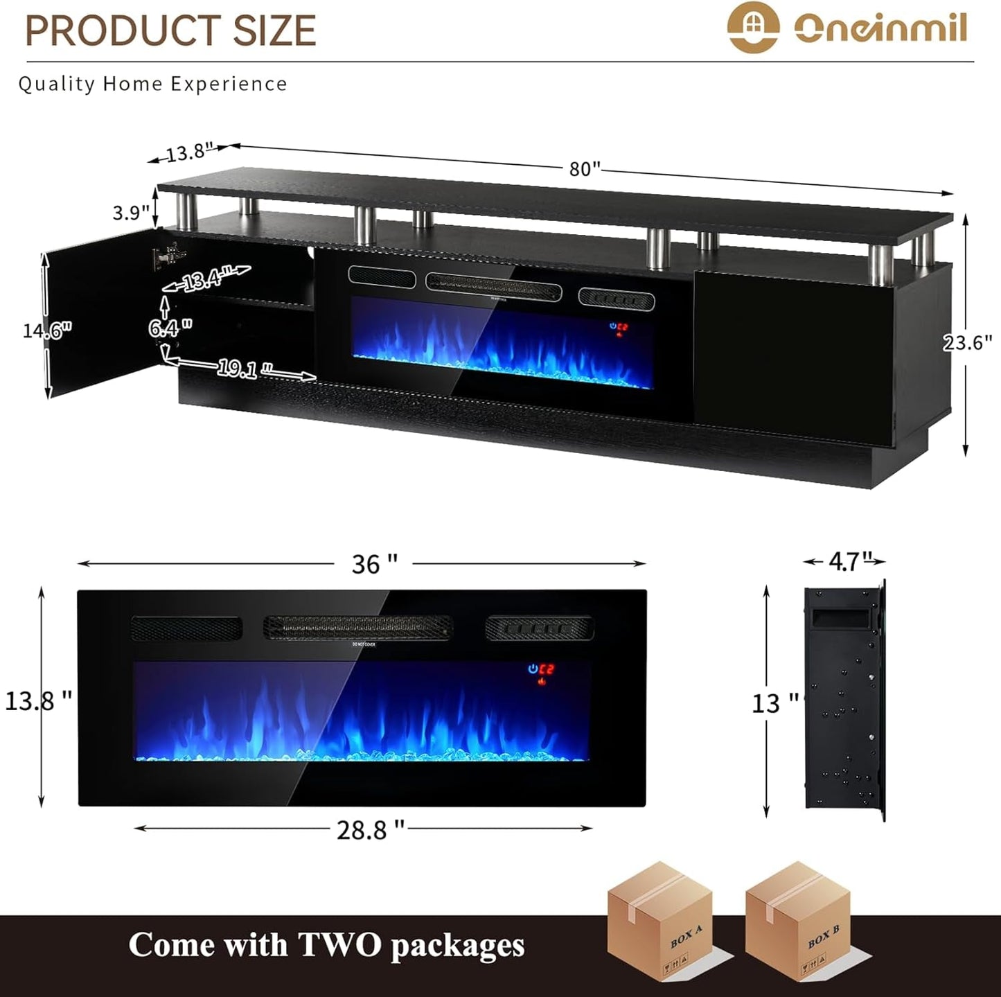 80" Modern Electric Fireplace TV Stand for Tvs up to 90 Inch, with