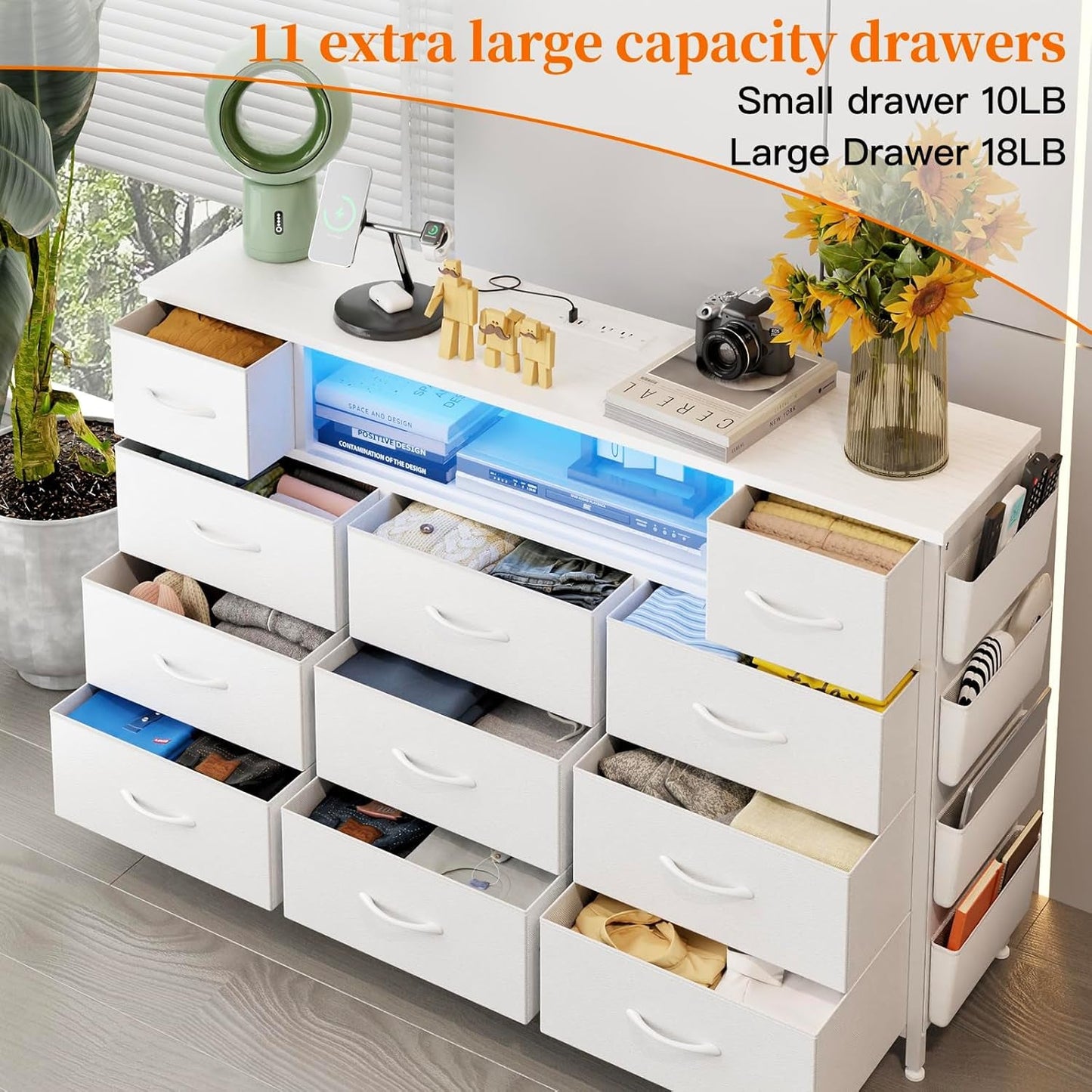 White Dresser for Bedroom with Power Outlets and LED Lights 11 Drawers