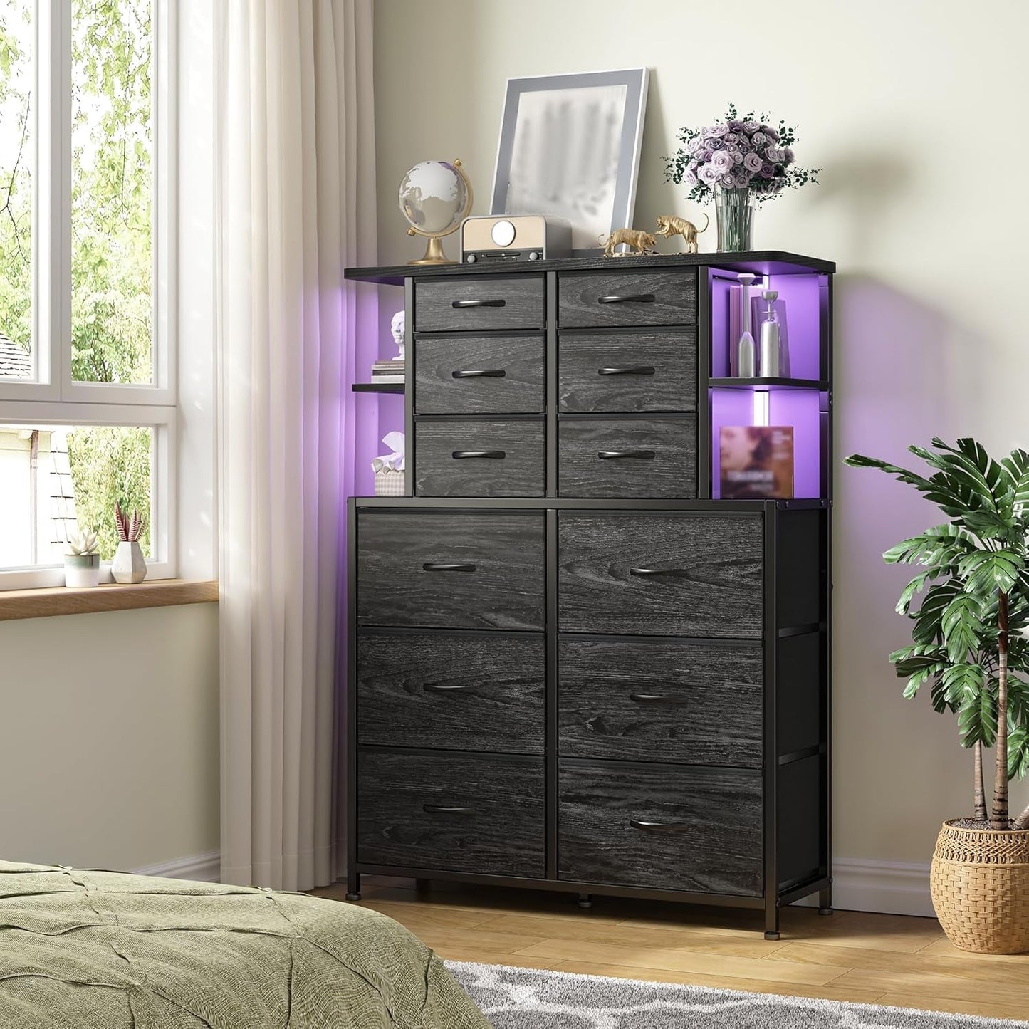 12 Drawer Dresser with LED Lights Bedroom Black