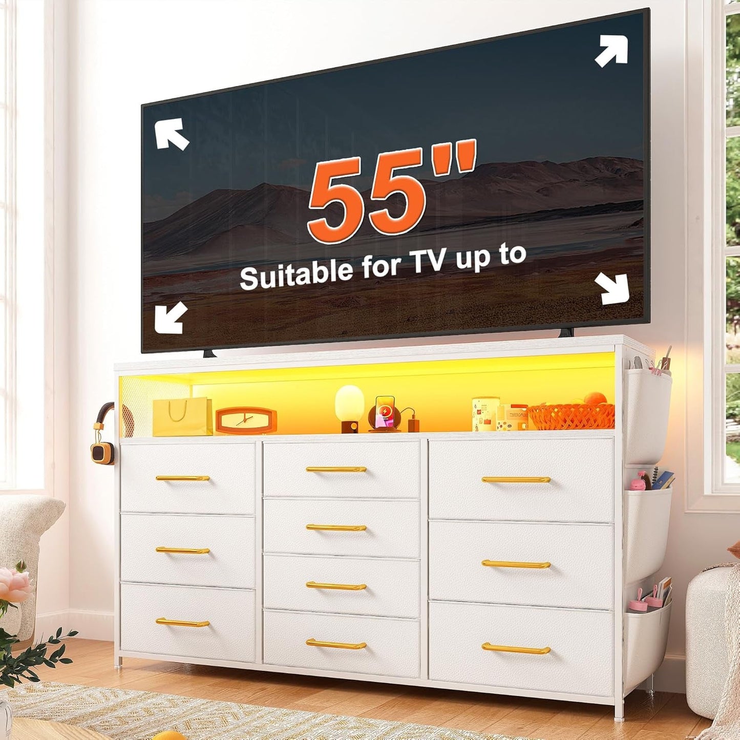Dresser TV Stand with 10 Drawers for 55" TV Stand for Bedroom with LED