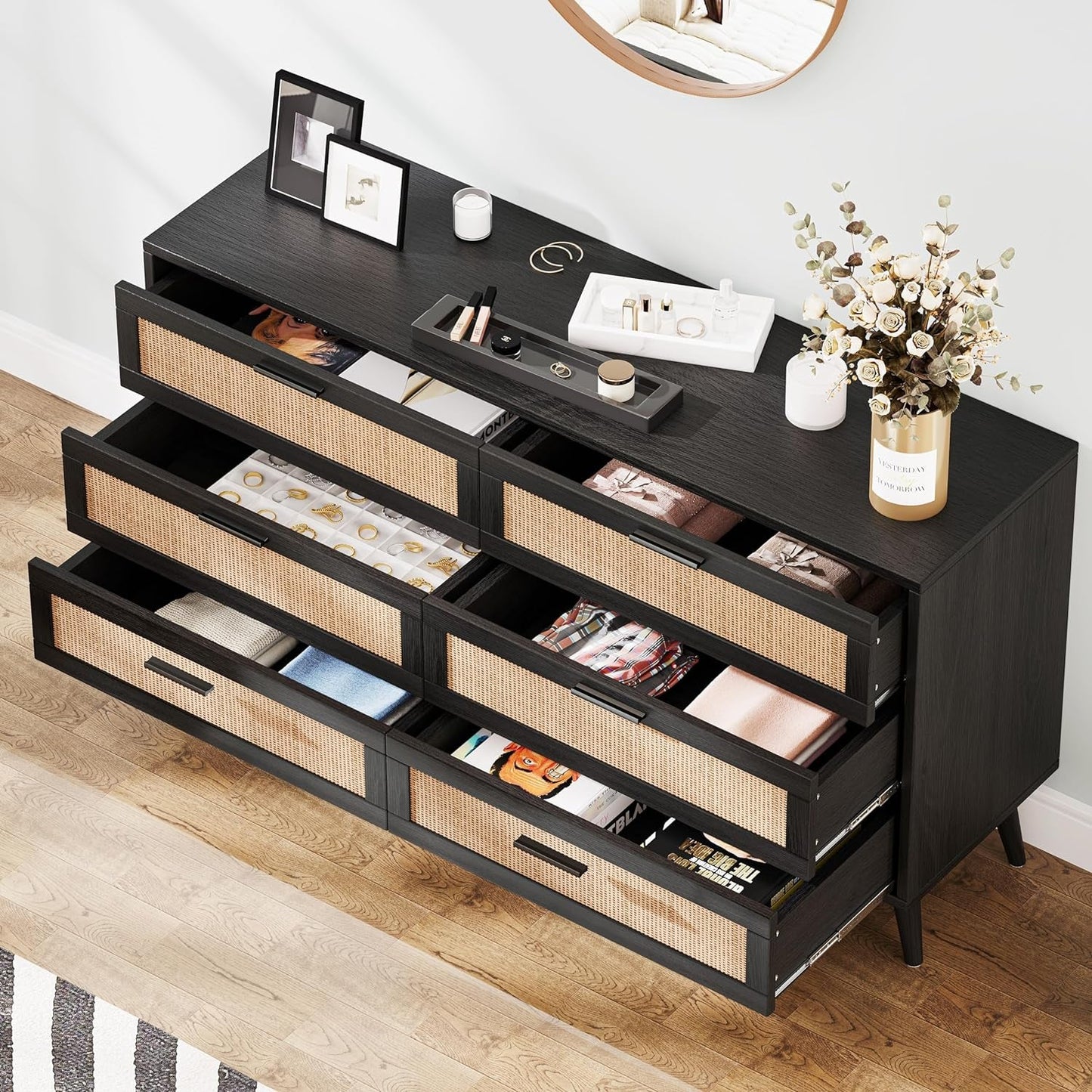 6 Drawer Double Dresser for Bedroom, Rattan Chest of Dressers, Modern