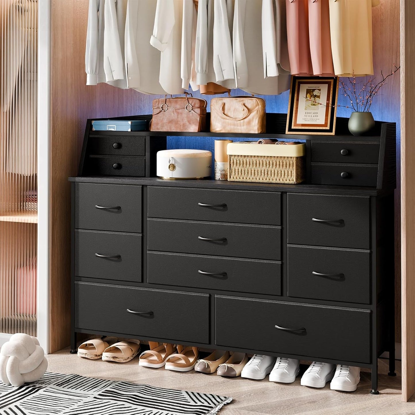 Black Nursery Dresser for Bedroom with 13 Drawers, Fabric Chest of