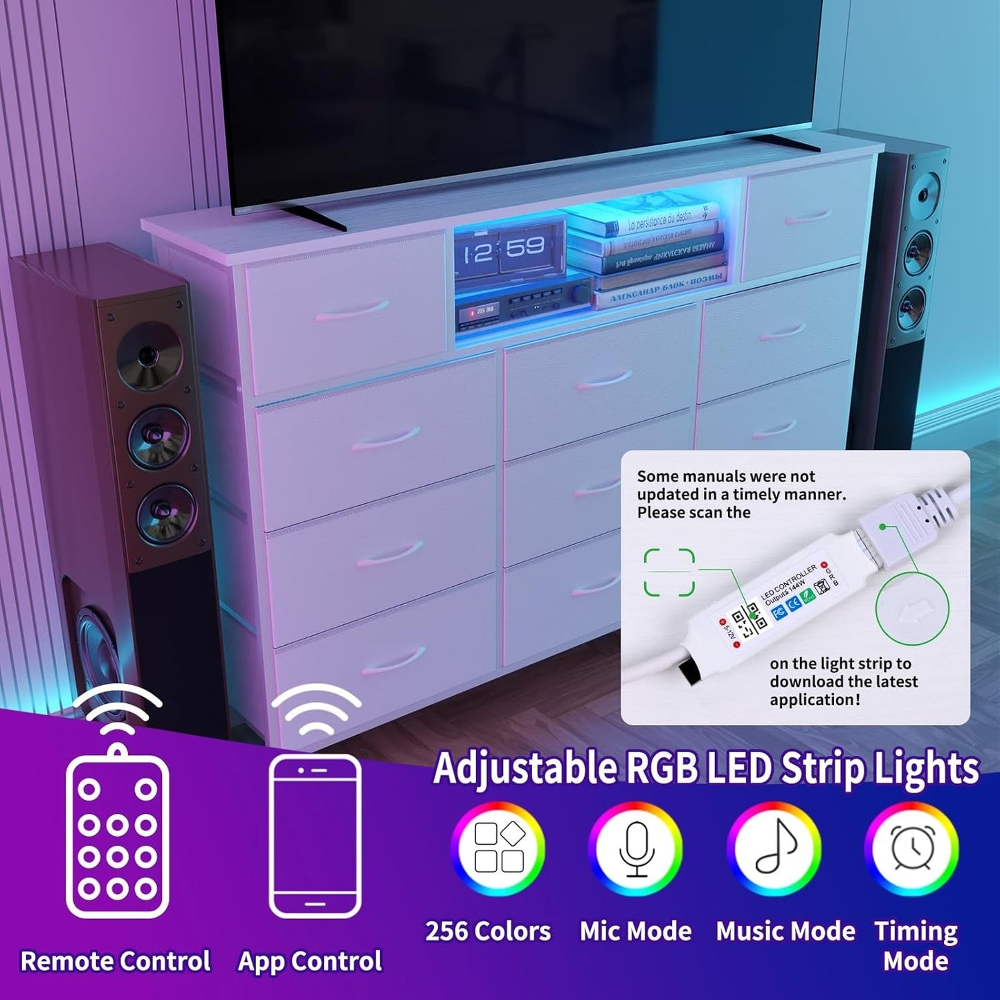 Long Dresser for Bedroom with Charging Station and LED Lights, White