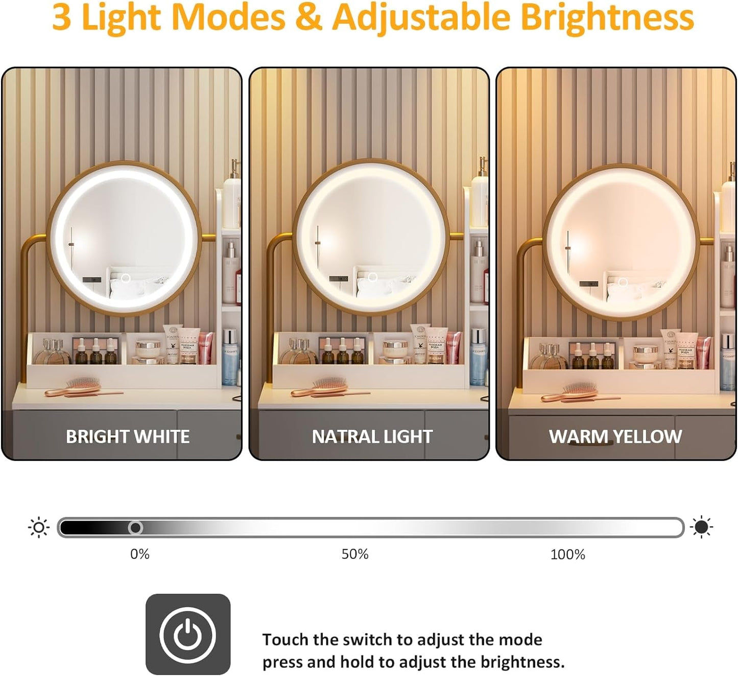 White Vanity Round Mirror, Lights, Charging, Small Bedroom