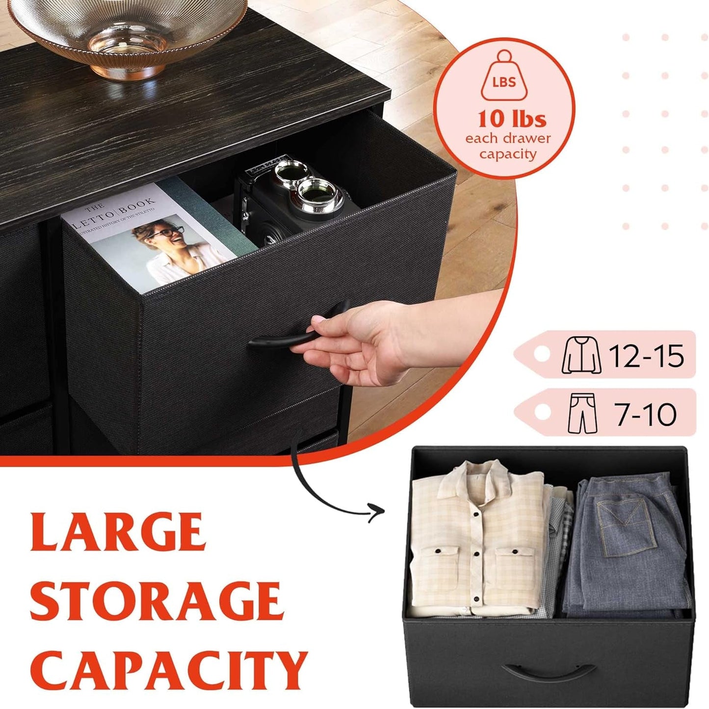 Tall Black Dresser for Bedroom with 10 Drawers, Chest of Drawers,